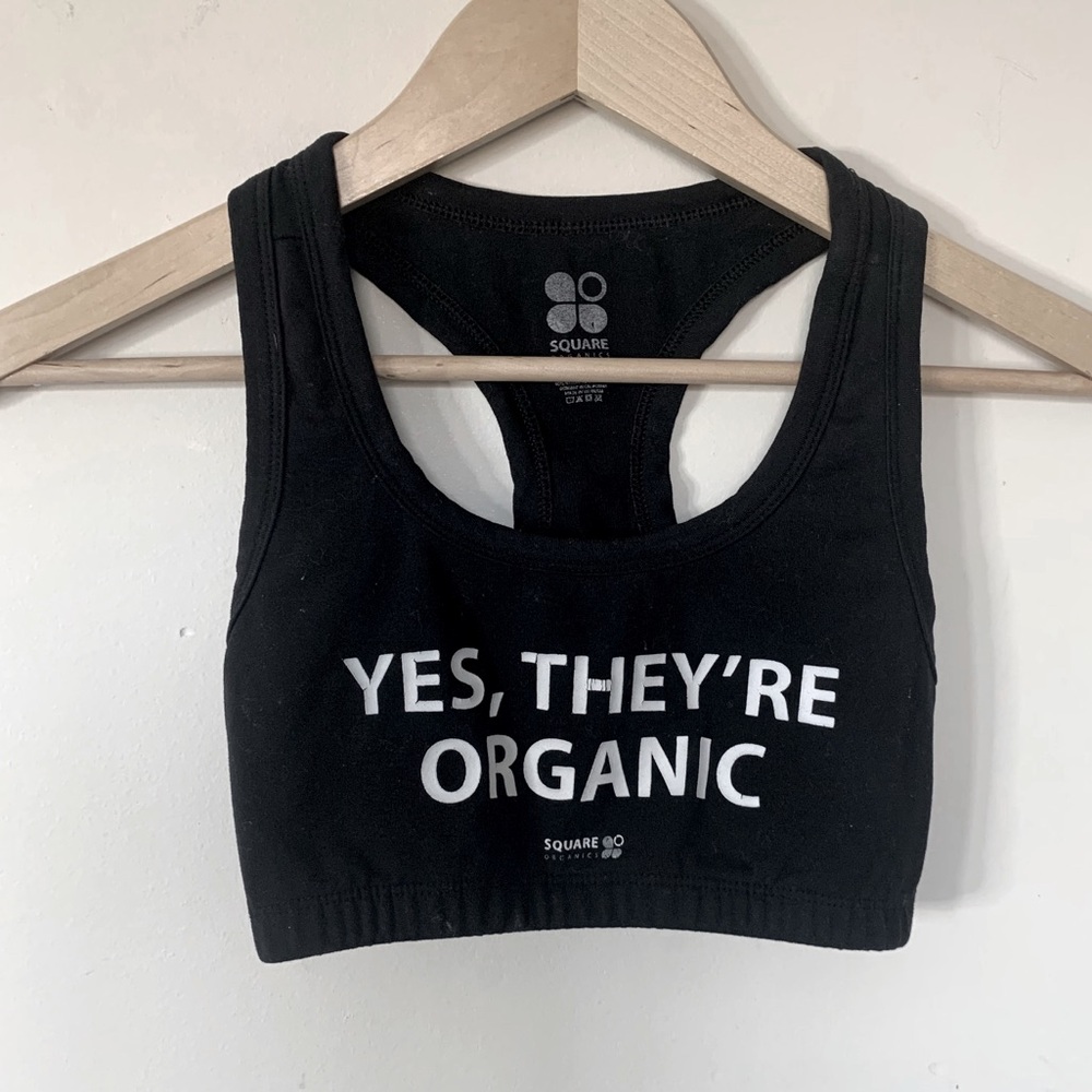 “Yes, They’re Organic” Black Graphic Sports Bra - Picture 1 of 10